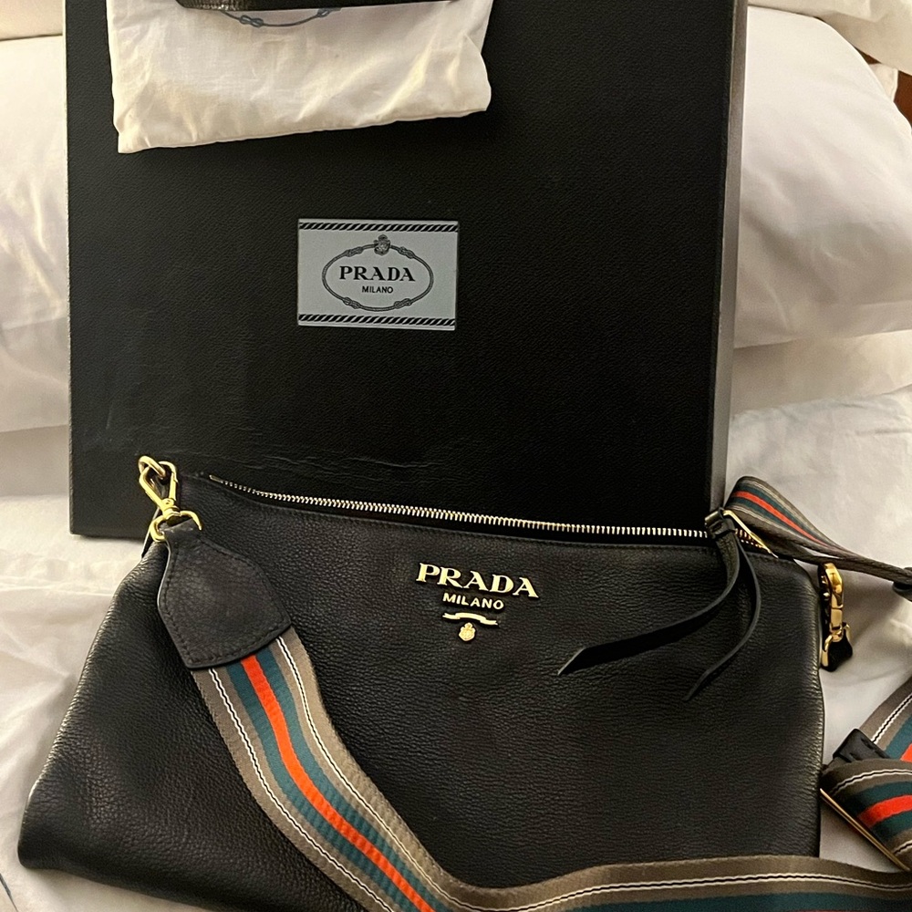 Authentic Prada Black Gold Vitello Daino Messenger Crossbody purse.